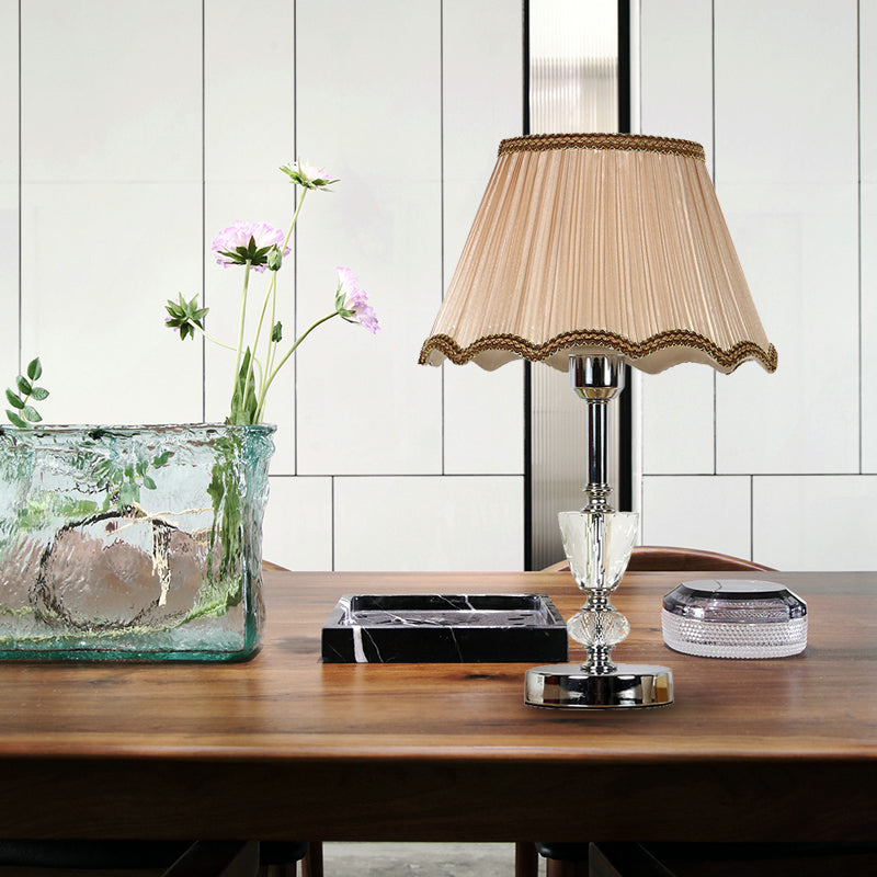 1 Light Scalloped Nightstand Light Countryside Beige Fabric Table Lamp with Crystal Accent