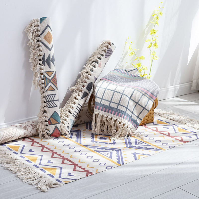 Victorian Boho-Chic Rug with Fringe Multi-Color Cotton Blend Carpet Easy Care Rug for Living Room