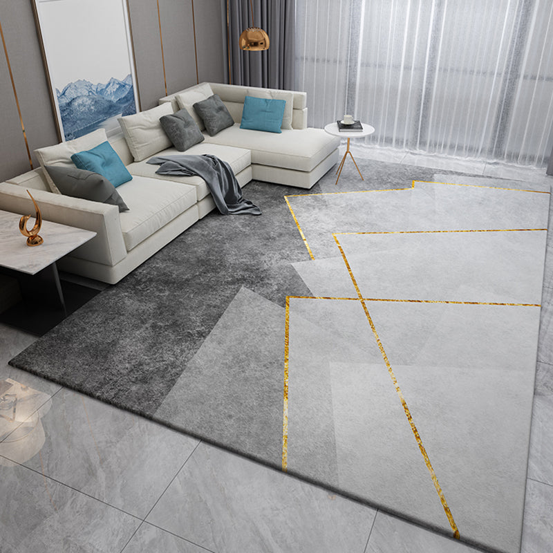 Grey Tone Geometric Lines Rug Polyester Carpet Relaxing Anti-Slip Backing Indoor Rug for Living Room