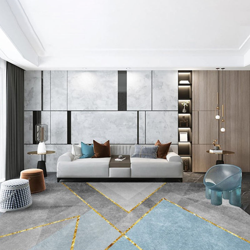 Grey Tone Geometric Lines Rug Polyester Carpet Relaxing Anti-Slip Backing Indoor Rug for Living Room