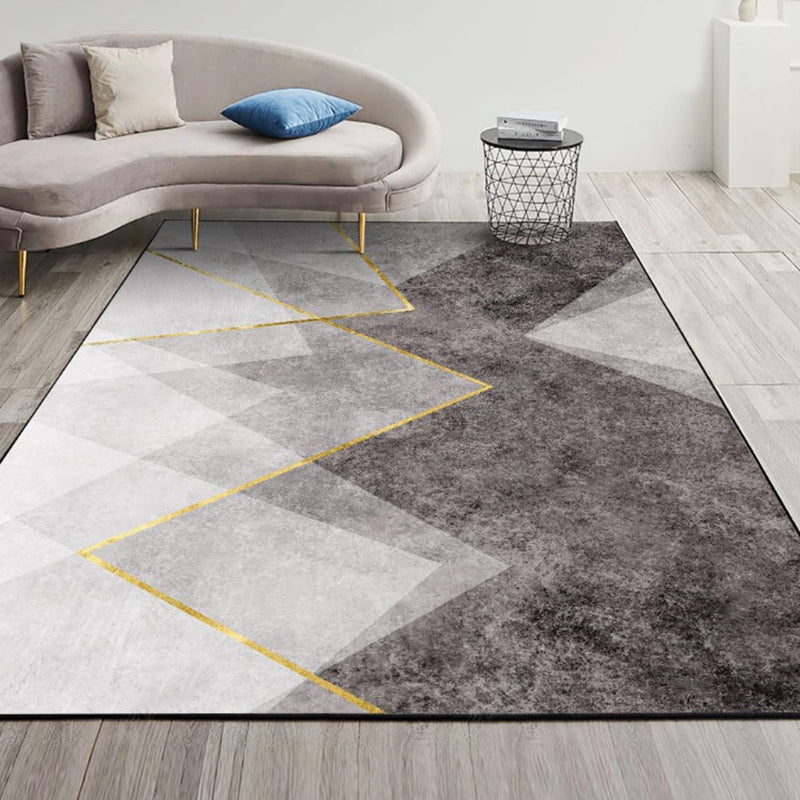 Grey Tone Geometric Lines Rug Polyester Carpet Relaxing Anti-Slip Backing Indoor Rug for Living Room