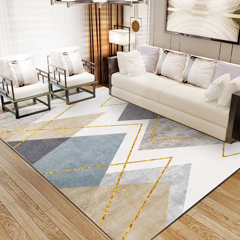 Grey Tone Geometric Lines Rug Polyester Carpet Relaxing Anti-Slip Backing Indoor Rug for Living Room