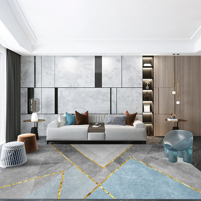 Grey Tone Geometric Lines Rug Polyester Carpet Relaxing Anti-Slip Backing Indoor Rug for Living Room