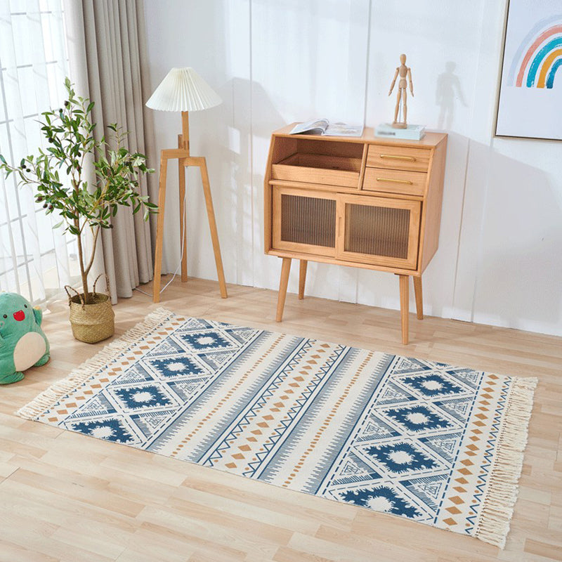 Multicolored Boho Area Rug with Fringe Americana Print Carpet Cotton Blend Rug for Home Decoration