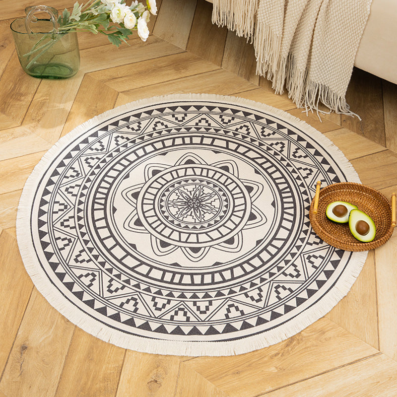 Individuality Moroccan Rug with Fringe Multicolored Round Carpet Cotton Blend Rug for Home Decor