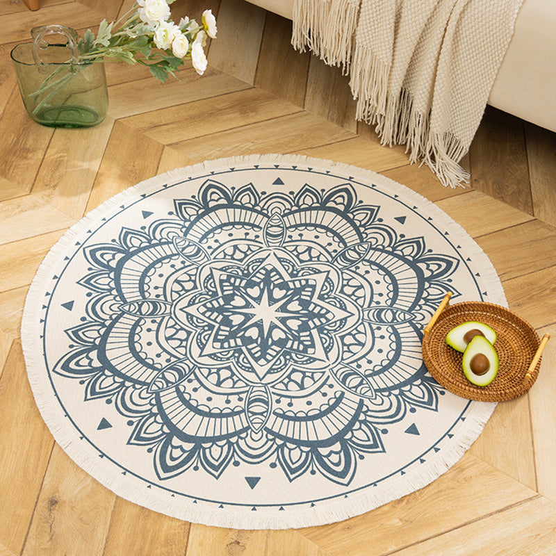 Individuality Moroccan Rug with Fringe Multicolored Round Carpet Cotton Blend Rug for Home Decor