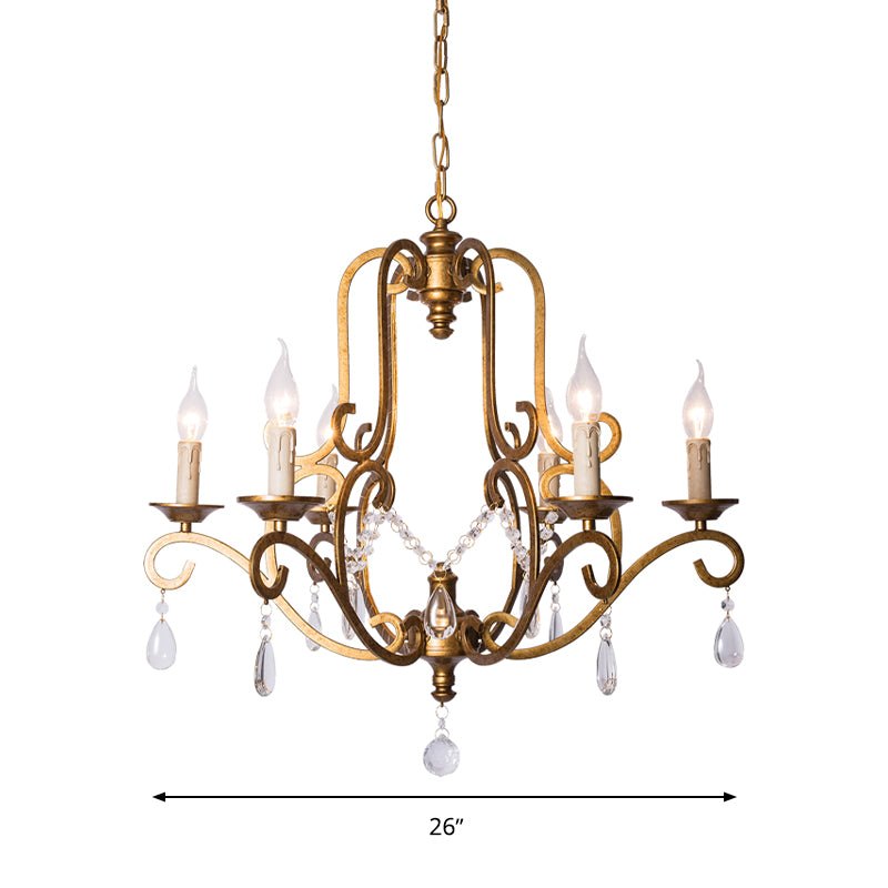 Traditional Candle-Style Chandelier Light 6 Lights Crystal Hanging Lamp Kit in Brass for Kitchen