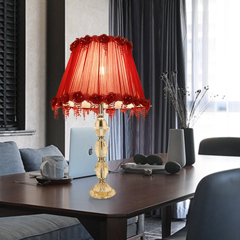 1 Bulb Table Light Traditionalism Flower Prismatic Crystal Night Lamp in Red for Living Room