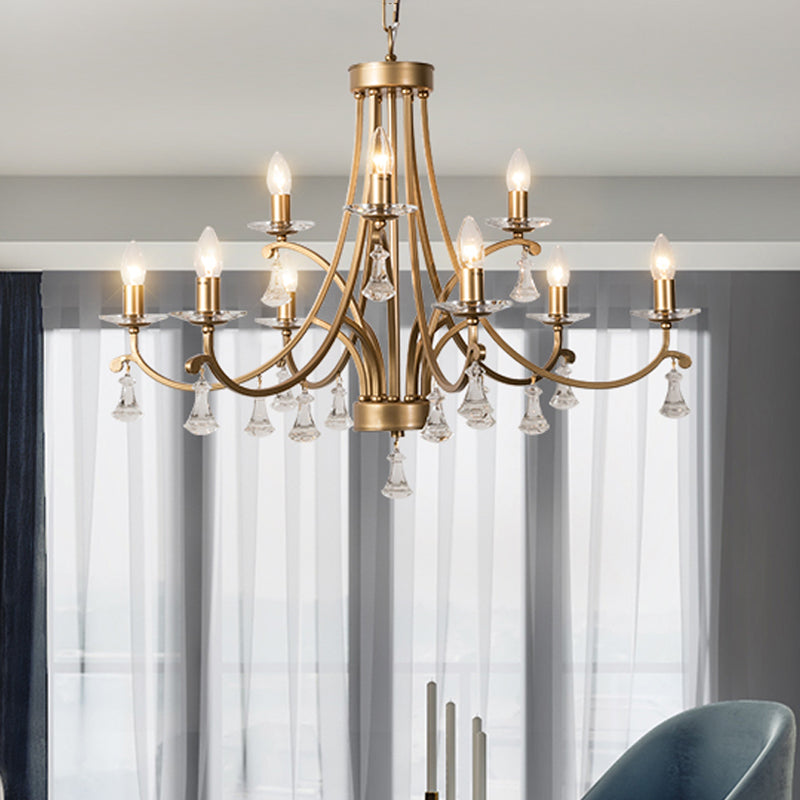Brass Curvy Chandelier Pendant Light Rural Crystal 6/9 Lights Living Room Suspension Lighting Fixture