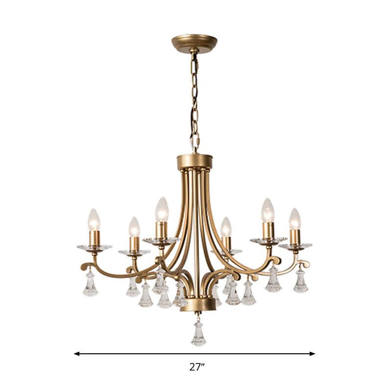 Brass Curvy Chandelier Pendant Light Rural Crystal 6/9 Lights Living Room Suspension Lighting Fixture