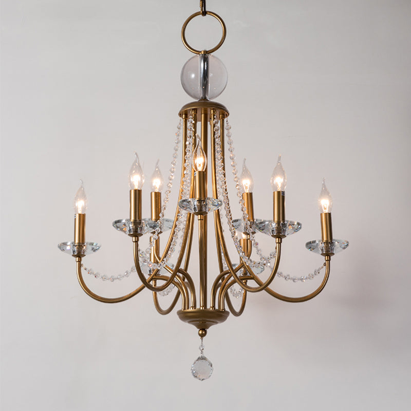 Crystal Candelabra Pendant Chandelier Lodge 9/12 Lights Living Room Hanging Ceiling Light in Brass