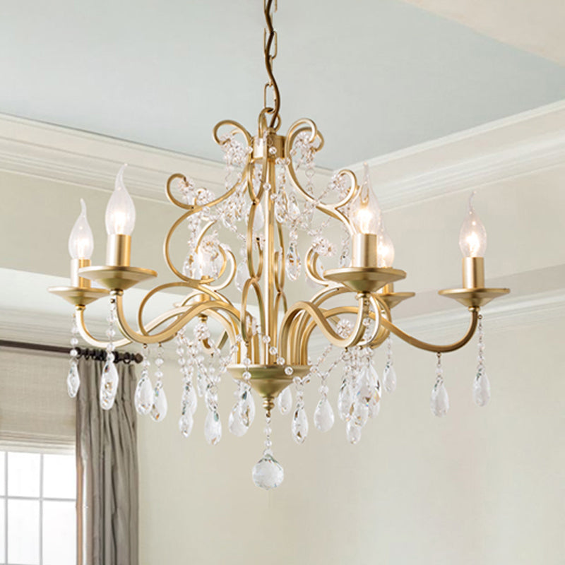 Gold Swooping Arm Chandelier Light Countryside Crystal 3/6/8 Lights Dining Room Ceiling Lamp