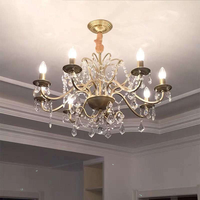 Lumière de lustre à bras courbe rustique 6/8 Lumières Éclairage pendentif en cristal en or pour la chambre