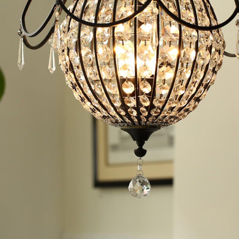 Pineapple Crystal Pendant Chandelier Vintage 3-Light Black Hanging Lamp for Dining Room