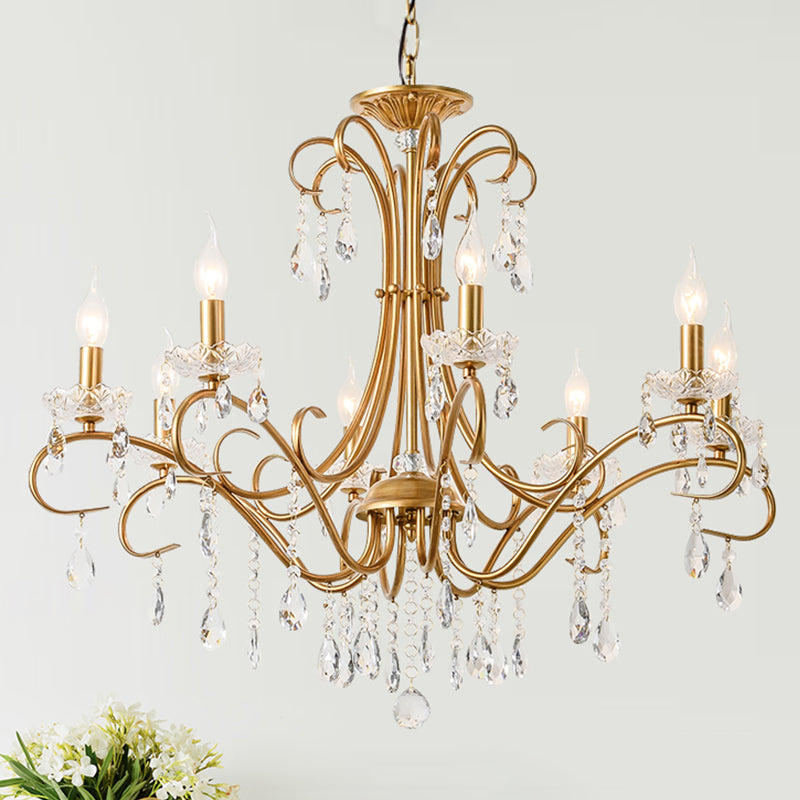 8 Lights Crystal Chandelier Light Countryside Gold Candlestick Living Room Hanging Lamp