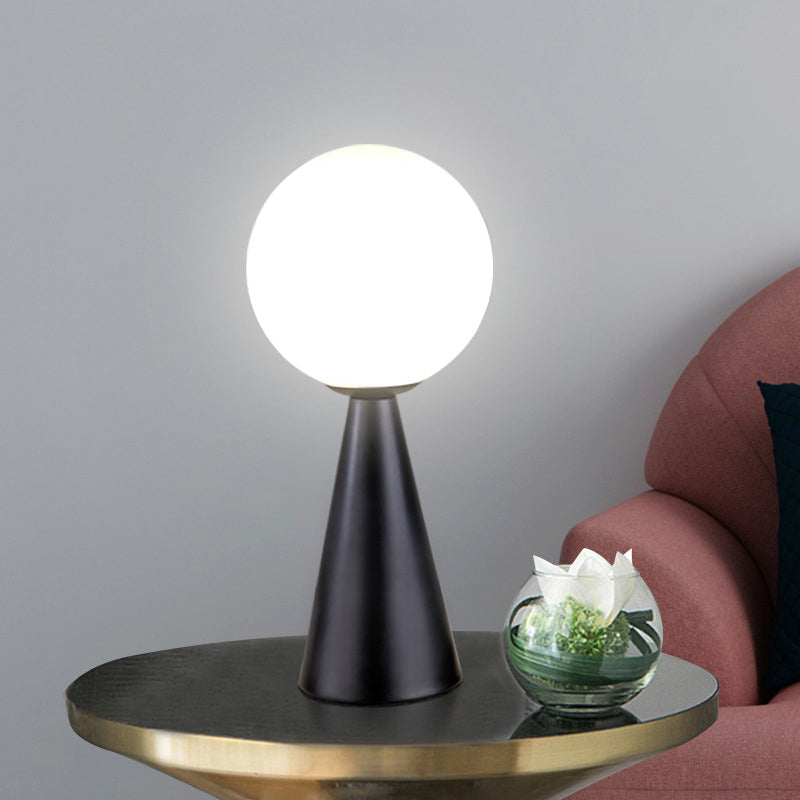 Conical Table Lamp Postmodern 1-Light Metal Night Light with Ball White Glass Shade
