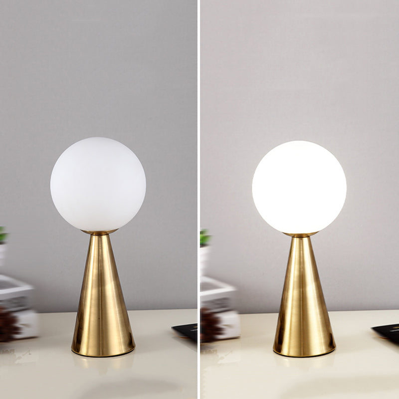 Conical Table Lamp Postmodern 1-Light Metal Night Light with Ball White Glass Shade