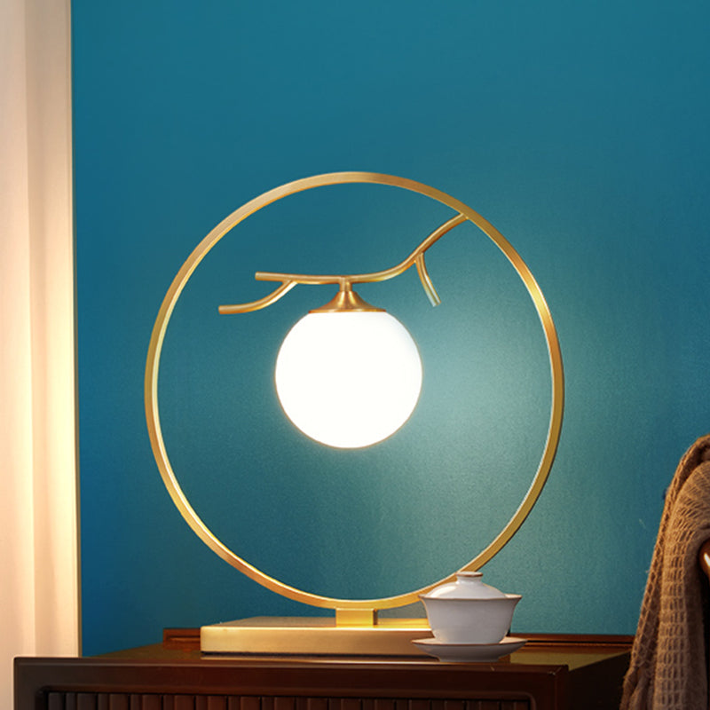 Postmodern Ball Shade Nightstand Lamp Ivory Glass 1-Light Living Room Table Light in Brass