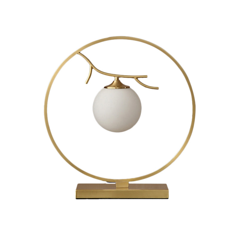 Postmodern Ball Shade Nightstand Lamp Ivory Glass 1-Light Living Room Table Light in Brass