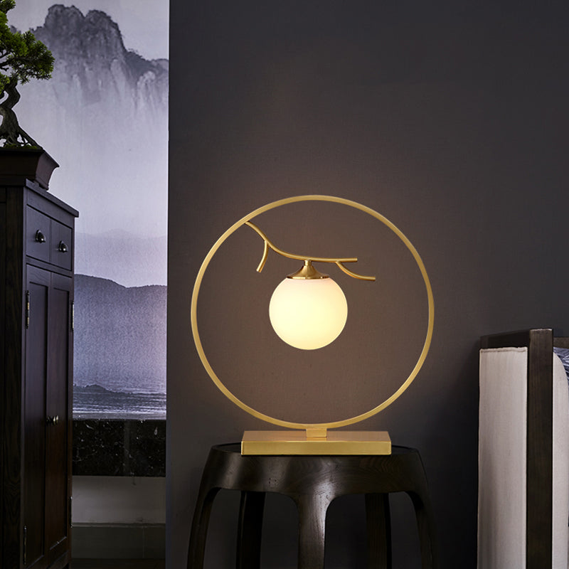 Postmodern Ball Shade Nightstand Lamp Ivory Glass 1-Light Living Room Table Light in Brass