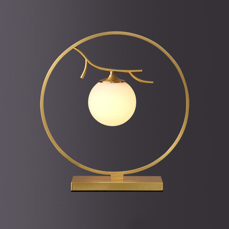 Postmodern Ball Shade Nightstand Lamp Ivory Glass 1-Light Living Room Table Light in Brass