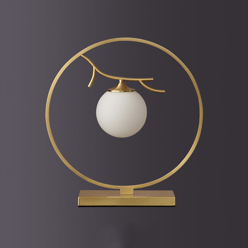Postmodern Ball Shade Nightstand Lamp Ivory Glass 1-Light Living Room Table Light in Brass