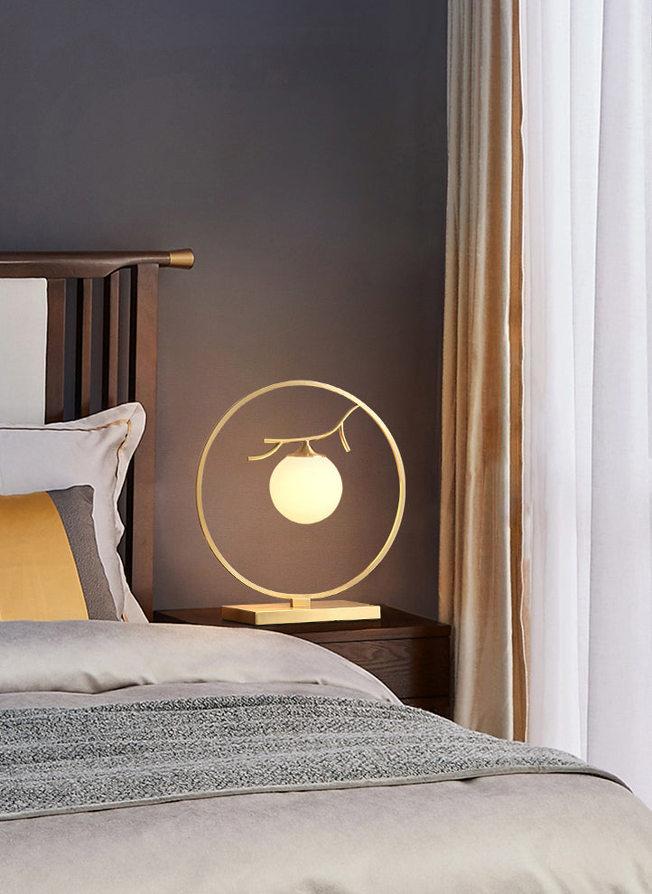 Postmodern Ball Shade Nightstand Lamp Ivory Glass 1-Light Living Room Table Light in Brass