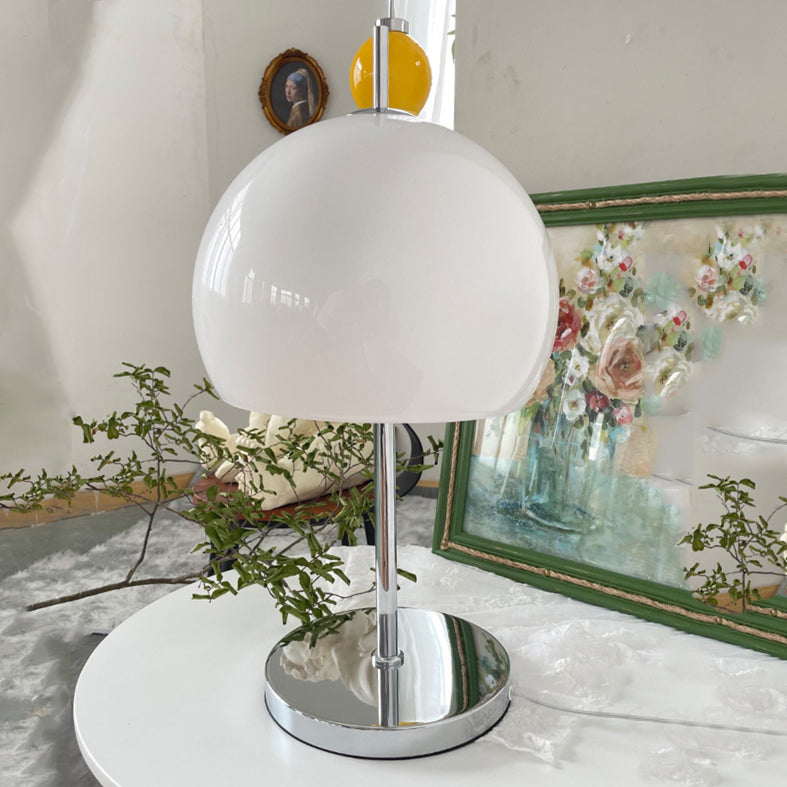 Satin Opal Glass Dome Nightstand Lamp Minimalist 1-Light Chrome Table Light