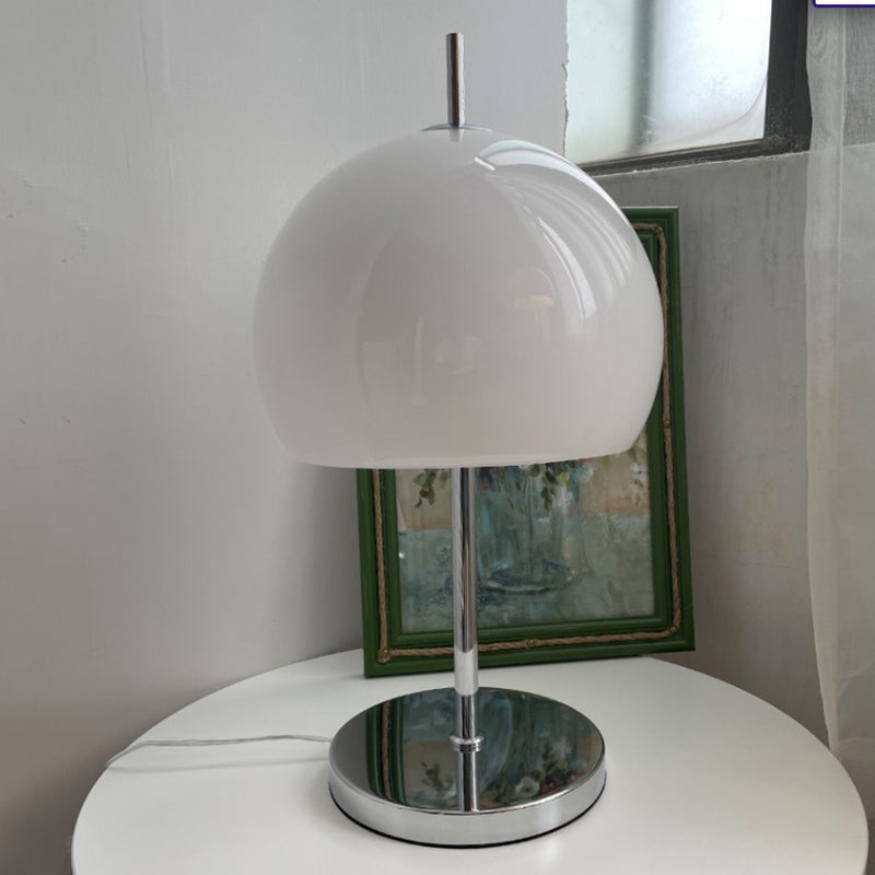 Satin Opal Glass Dome Nightstand Lamp Minimalist 1-Light Chrome Table Light