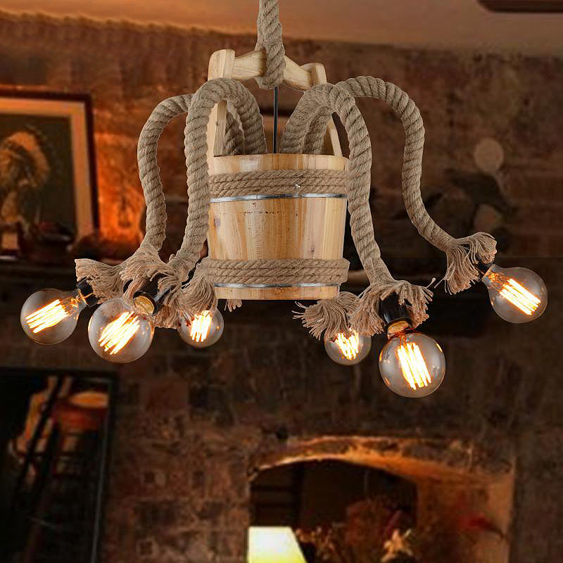 Gebogen arm eetkamer kroonluchter lamp boerderij touw 6 lichten houten plafond verlichtingsarmatuur