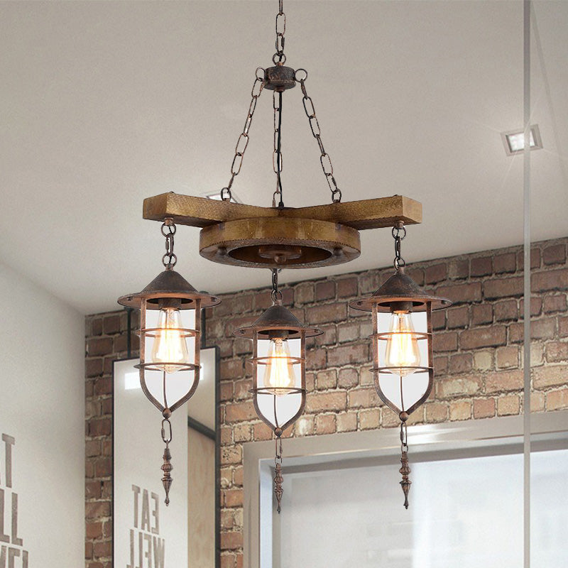 Metal Caged Chandelier Lighting Factory 3/7 Lights Restaurant Hanging Light Kit in Wood