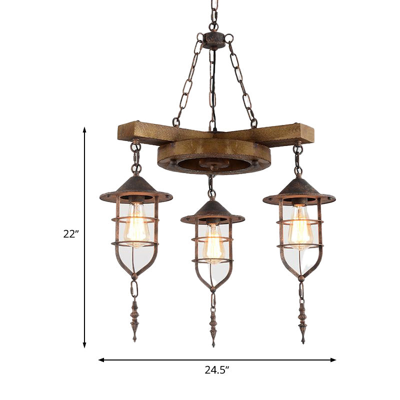 Metal Caged Chandelier Lighting Factory 3/7 Lights Restaurant Hanging Light Kit in Wood