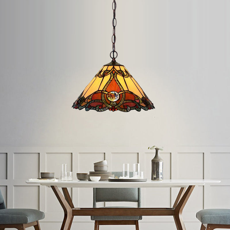 1 Light Kitchen Pendant Lamp Tiffany Bronze Ceiling Light with Conical Red Stained Glass Shade