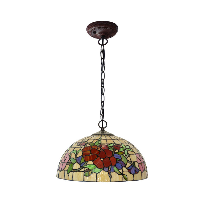 2 Lights Floral Ceiling Chandelier Tiffany-Style Red/Pink Stained Glass Pendant Lamp for Kitchen