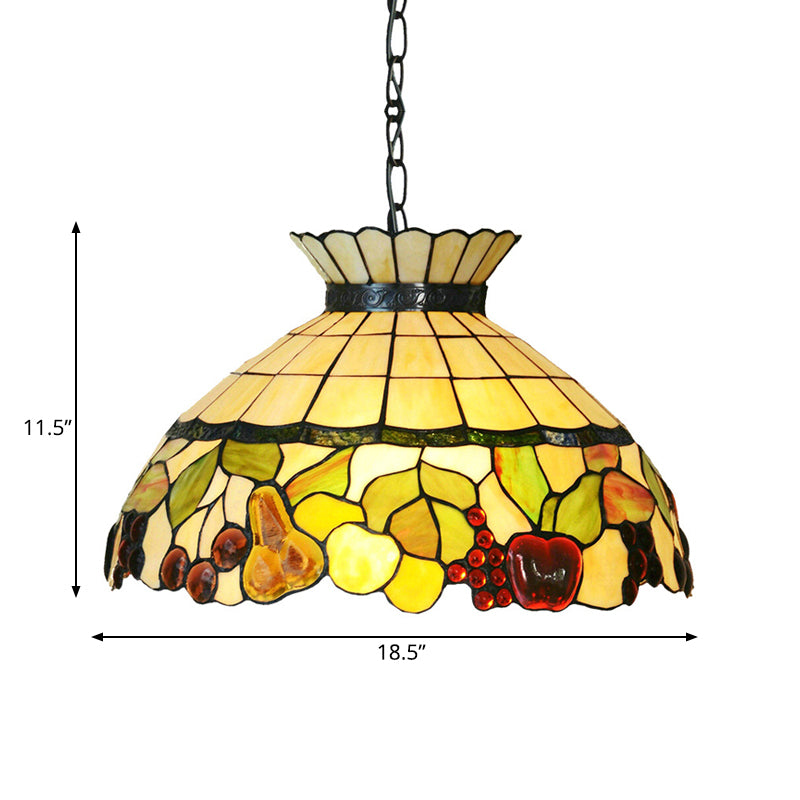 Black 3 Lights Chandelier Baroque Yellow Stained Glass Domed Shade Pendant Lighting