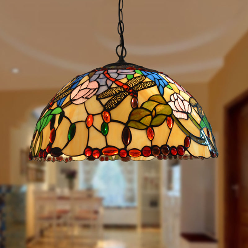 Bronzo 3 luci lampadario leggero vittoriano berespato di vetrate vetrate Dragonfly Aione a sospensione