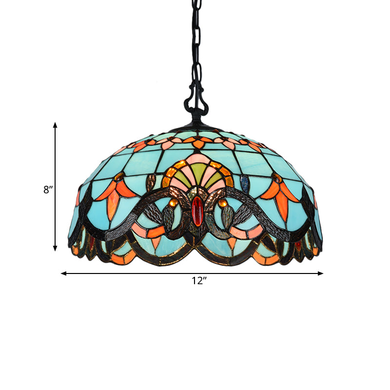 12"/16" W Blue Cut Glass Pendant Light Kit Domed 1 Light Mediterranean Suspension Lighting Fixture