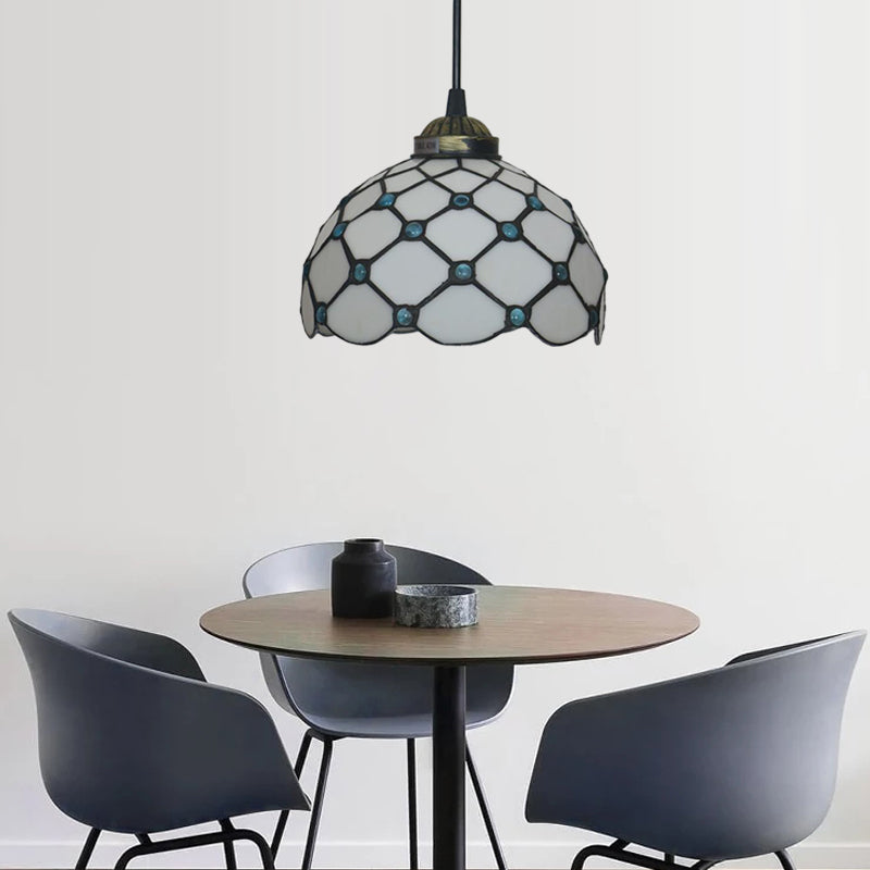 Black 1 Light Hanging Pendant Baroque Beige/Blue/Green Glass Domed Shade Drop Lamp for Dining Room