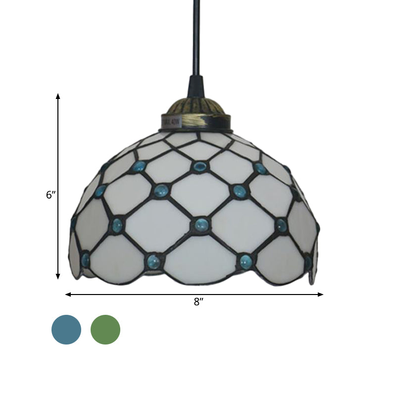 Black 1 Light Hanging Pendant Baroque Beige/Blue/Green Glass Domed Shade Drop Lamp for Dining Room