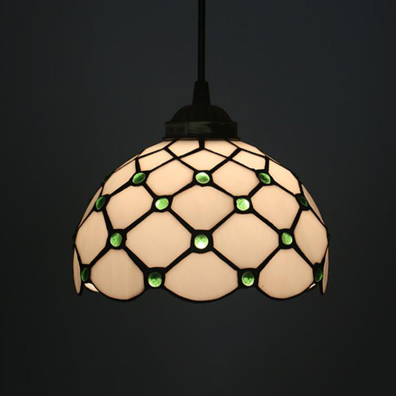 Black 1 Light Hanging Pendant Baroque Beige/Blue/Green Glass Domed Shade Drop Lamp for Dining Room