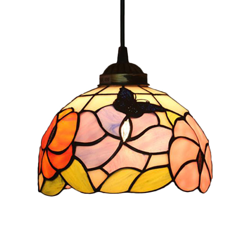 Victorian Floral Ceiling Pendant 1 Light Beige/Red/Pink Cut Glass Hanging Light Fixtures for Dining Room