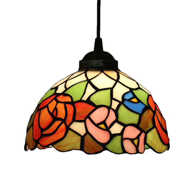 Victorian Floral Ceiling Pendant 1 Light Beige/Red/Pink Cut Glass Hanging Light Fixtures for Dining Room