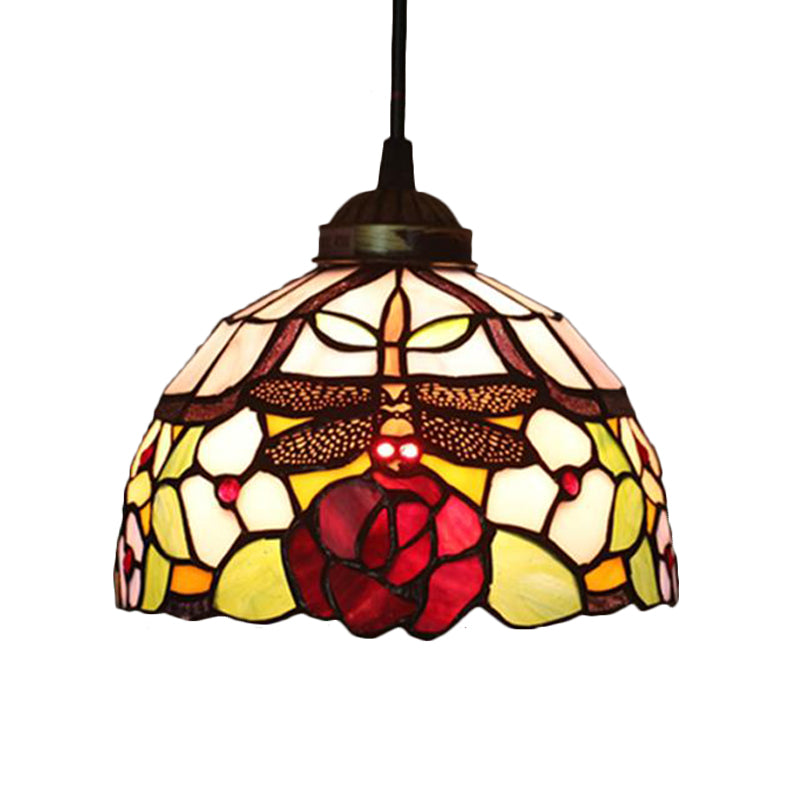 Blossom Pendant Light Fixture Tiffany Style Red/Pink/Green Cut Glass 1 Light Bronze Down Lighting for Dining Room