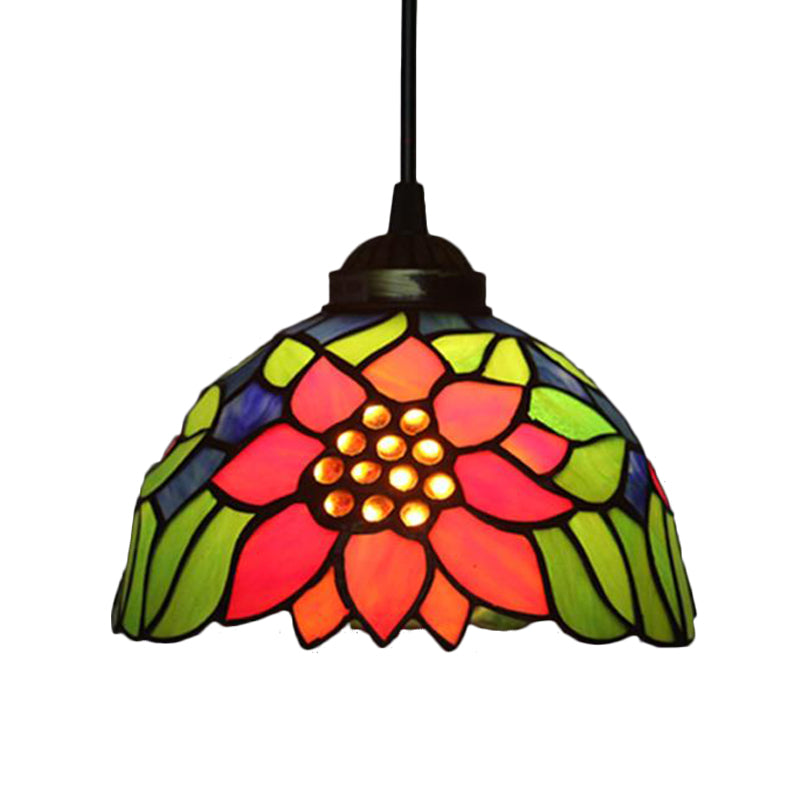 Blossom Pendant Light Fixture Tiffany Style Red/Pink/Green Cut Glass 1 Light Bronze Down Lighting for Dining Room