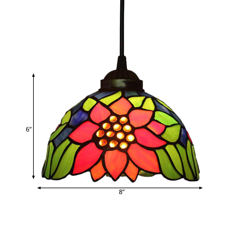 Blossom Pendant Light Fixture Tiffany Style Red/Pink/Green Cut Glass 1 Light Bronze Down Lighting for Dining Room