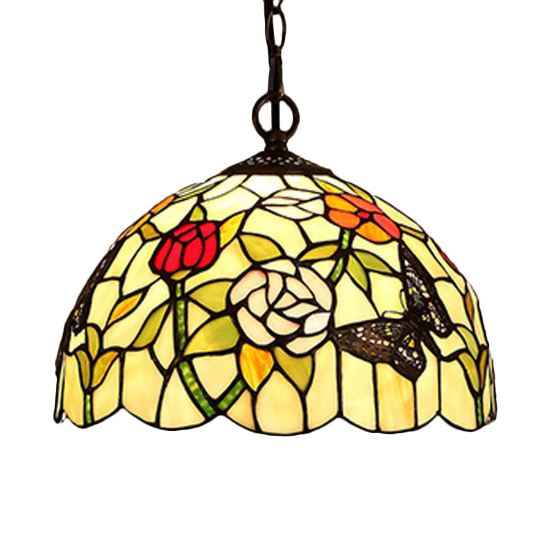 1/2 lumières Cuisine Chandelier Pendant Light Light Méditerranéen Bronze Plafond Lampe à teinte en verre rouge / jaune en dôme, 12 "/ 16" W