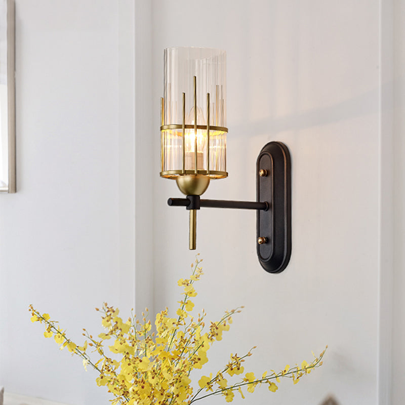 1 Bulb Wall Light Sconce Traditional Living Room Wall Lighting Fixture with Cylinder Clear Glass Shade in Gold