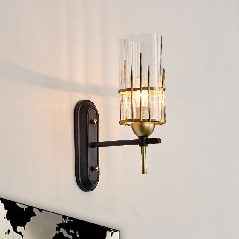 1 Bulb Wall Light Sconce Traditional Living Room Wall Lighting Fixture with Cylinder Clear Glass Shade in Gold