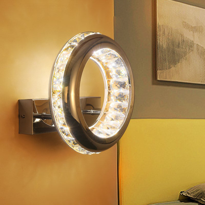 Minimalist LED Sconce Light Fixture Nickle Circle Wall Mount Lighting with Stainless Steel Shade in Warm/White Light
