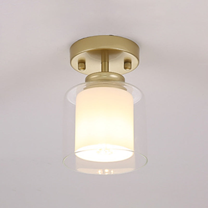 Modern Minimalist Single Flush Mount Wrought Iron Cylindrical Ceiling Light with Double Glass Shade
